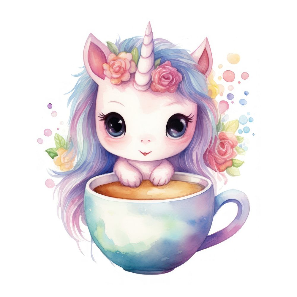 Watercolor unicorn pop teacup cartoon coffee cute.