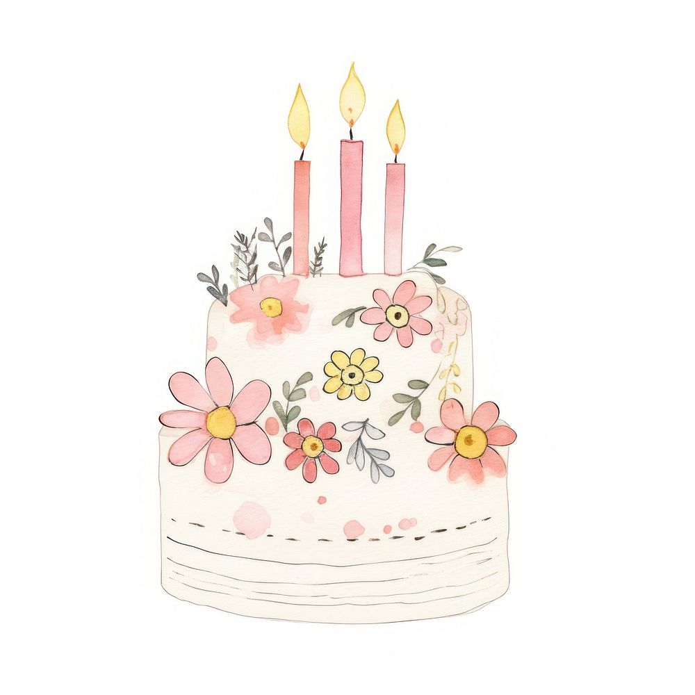 Birthday cake hand drawn watercolor dessert candle food.