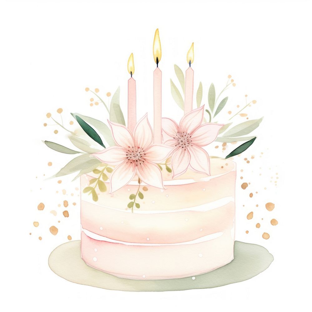 Birthday cake hand drawn watercolor dessert candle flower.