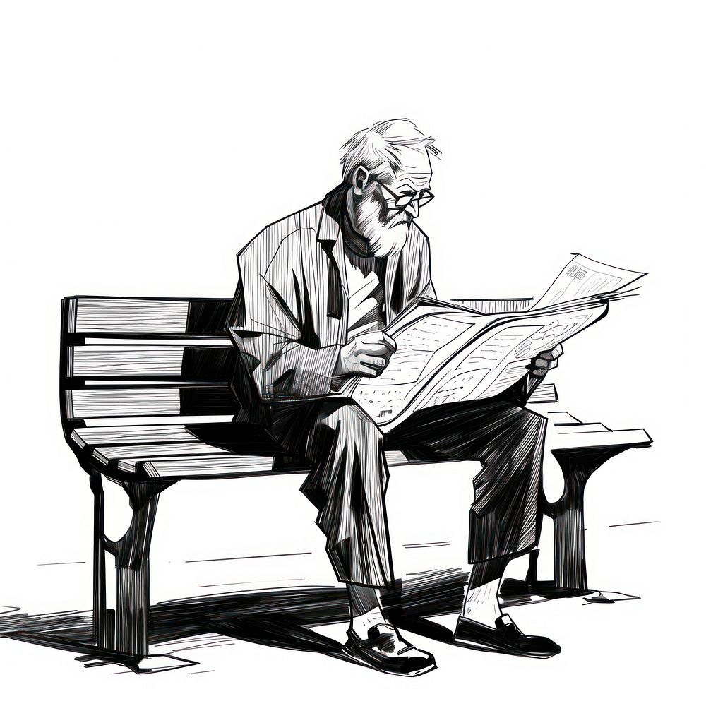 Old man sitting on bench sketch reading drawing.