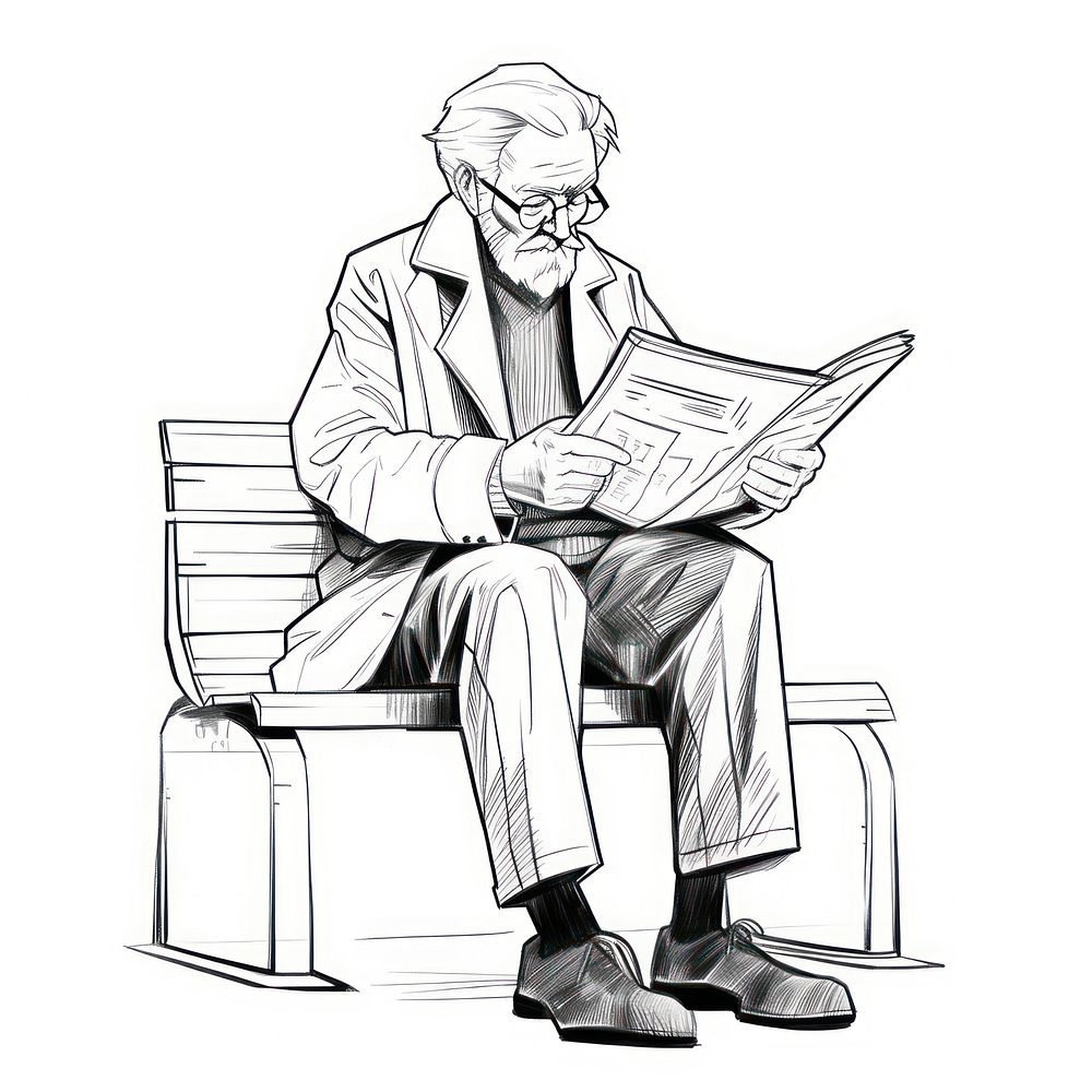 Old man sitting on bench sketch drawing reading.