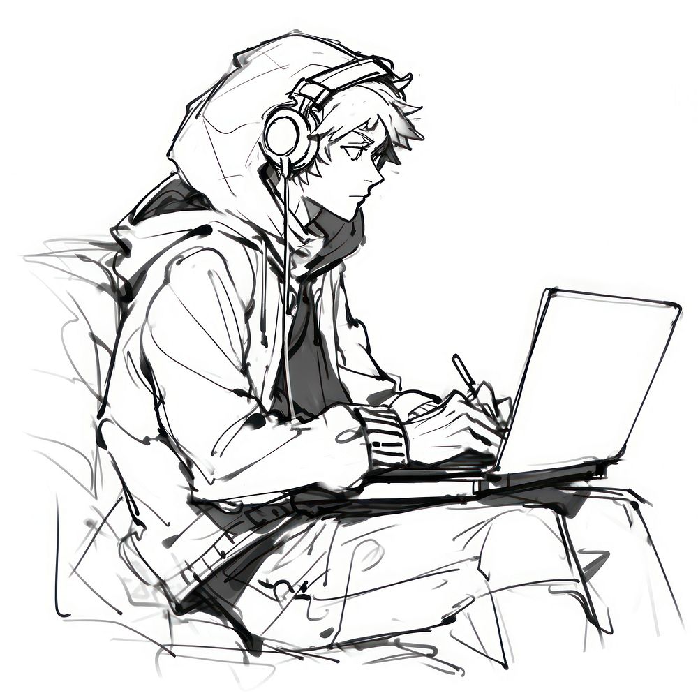 Hacker with laptop sketch computer drawing.