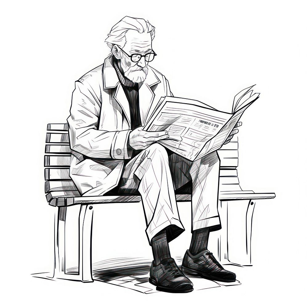 Old man sitting on bench sketch newspaper glasses.