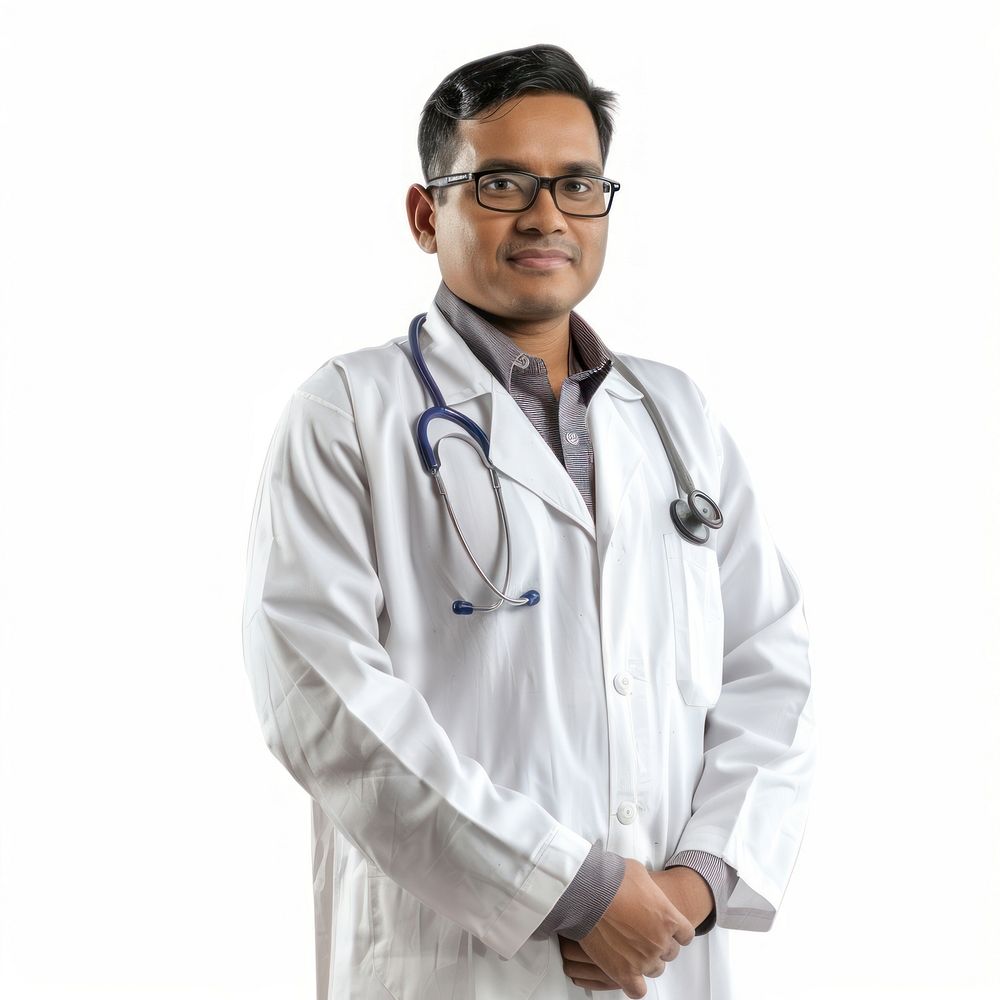 Photo of a doctor Pakistani glasses adult white background.