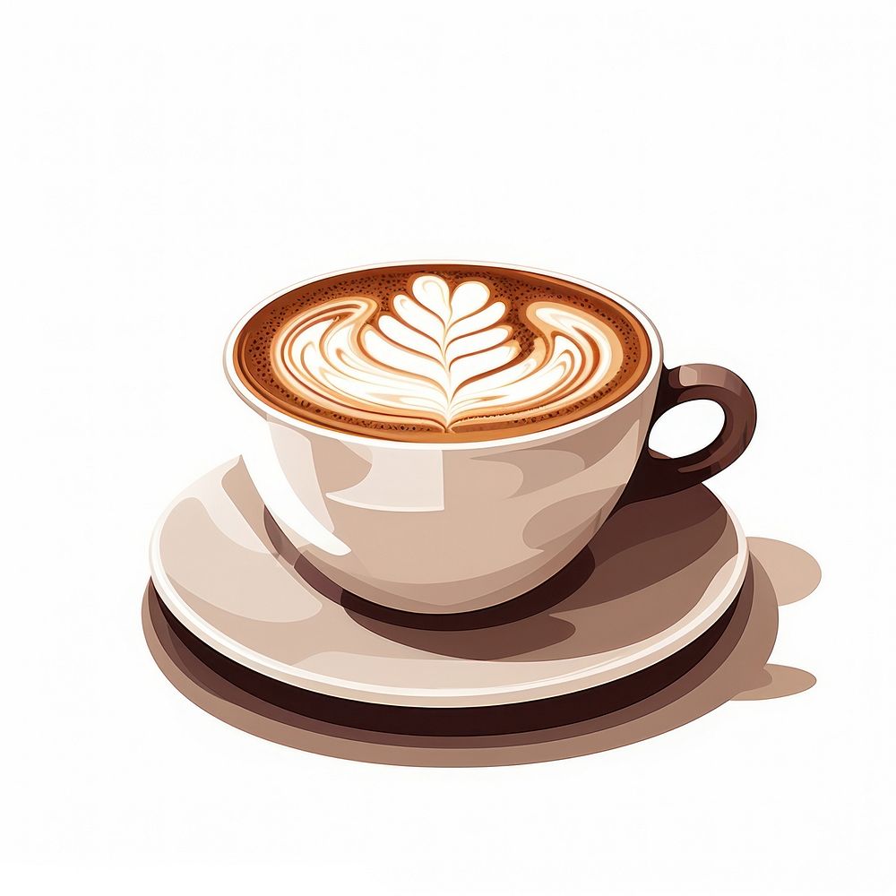 A cartoon-like drawing of a mocha coffee saucer latte.