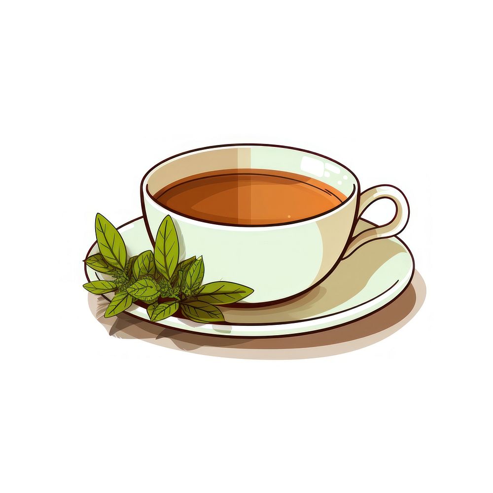 A cartoon-like drawing of a herbal tea herbs saucer coffee.