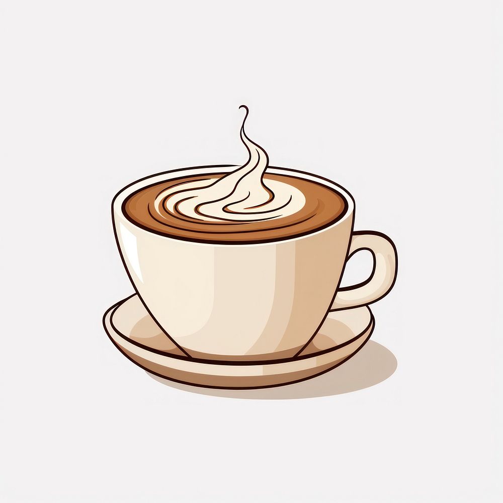 A cartoon-like drawing of a latte coffee saucer drink.