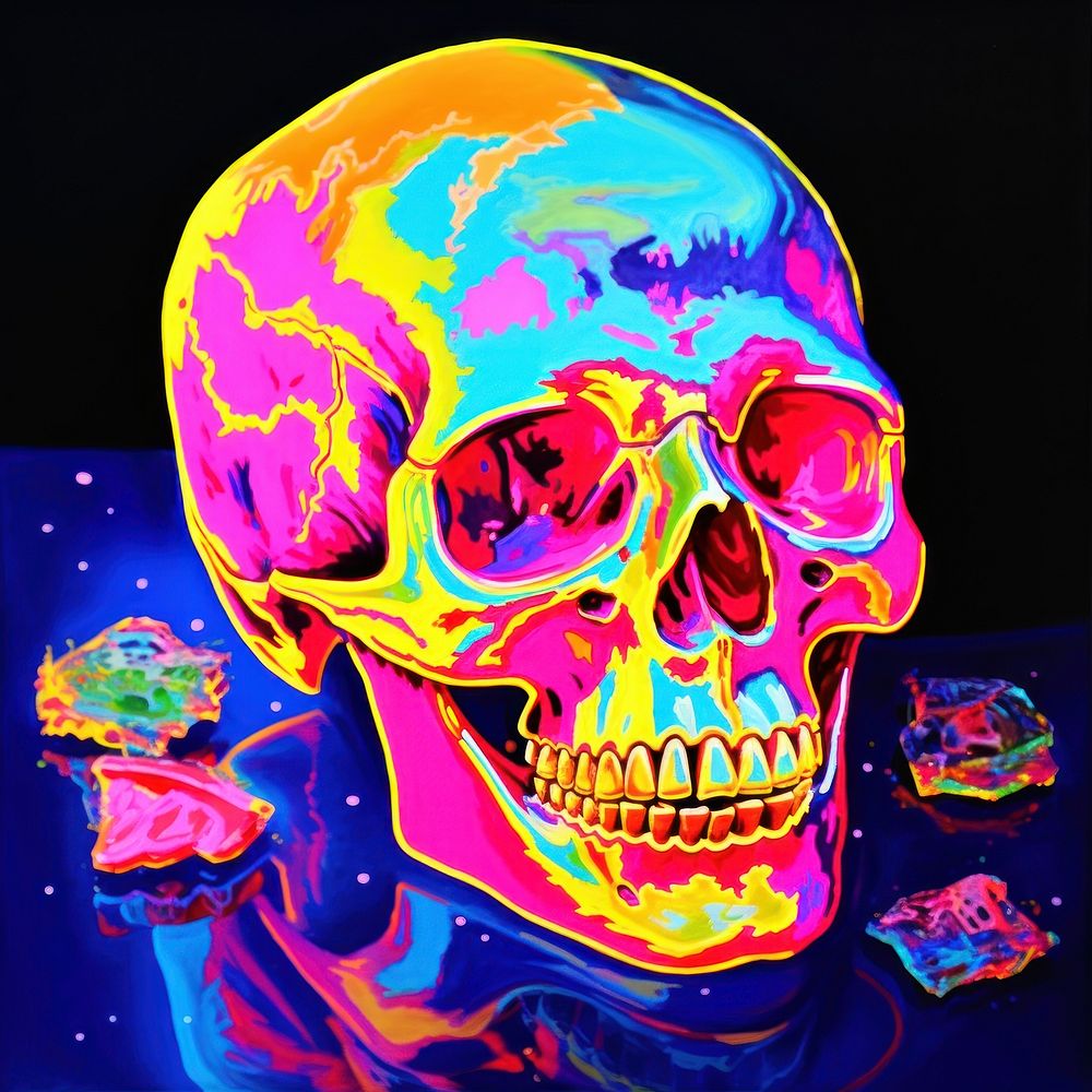 Black light oil painting of skull purple blue art.