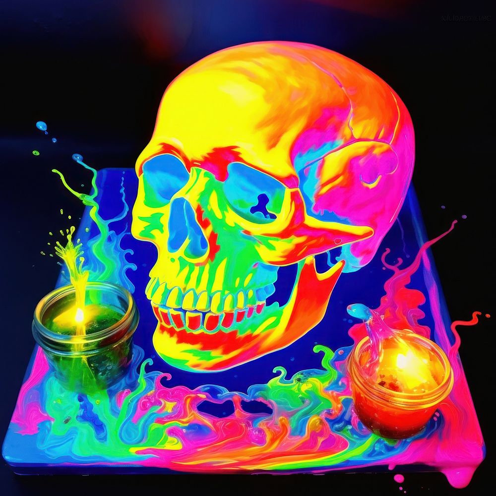 Black light oil painting of skull yellow purple candle.