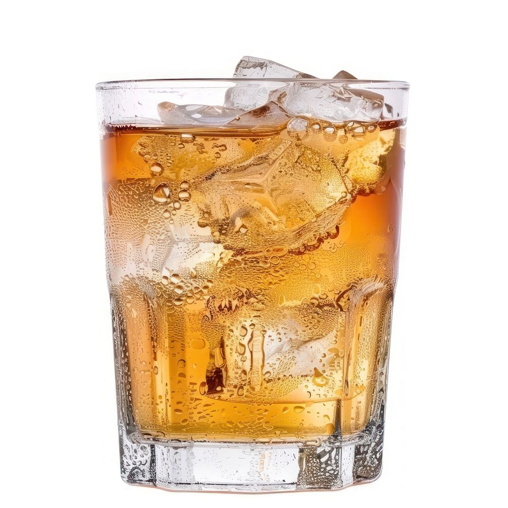 Whiskiey glass with ice cocktail drink soda.