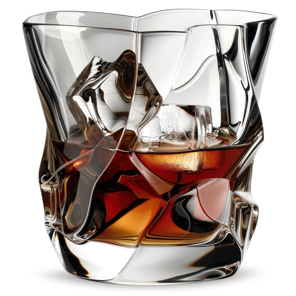 Whiskiey glass with ice whisky drink white background.