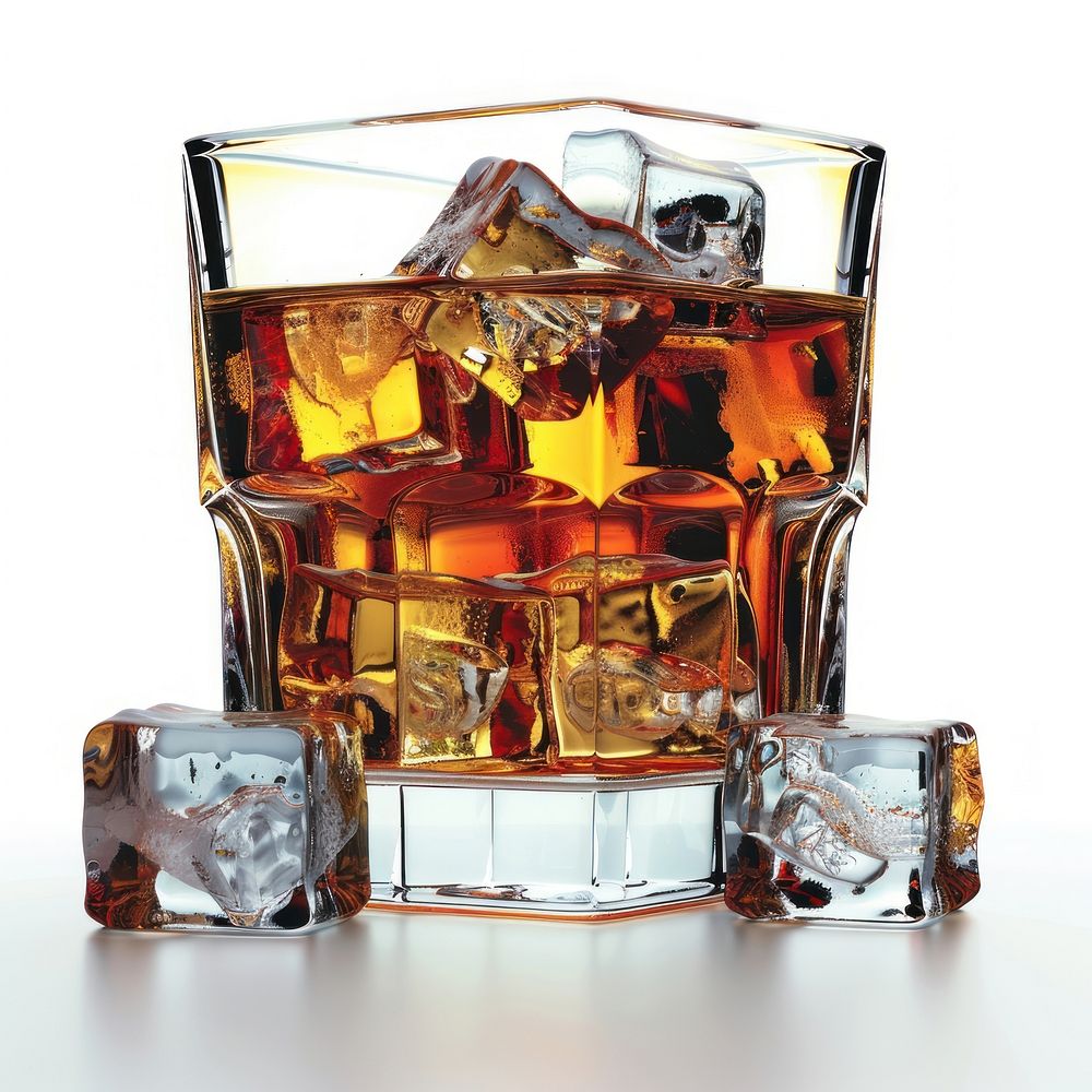 Whiskiey glass with ice whisky drink white background.
