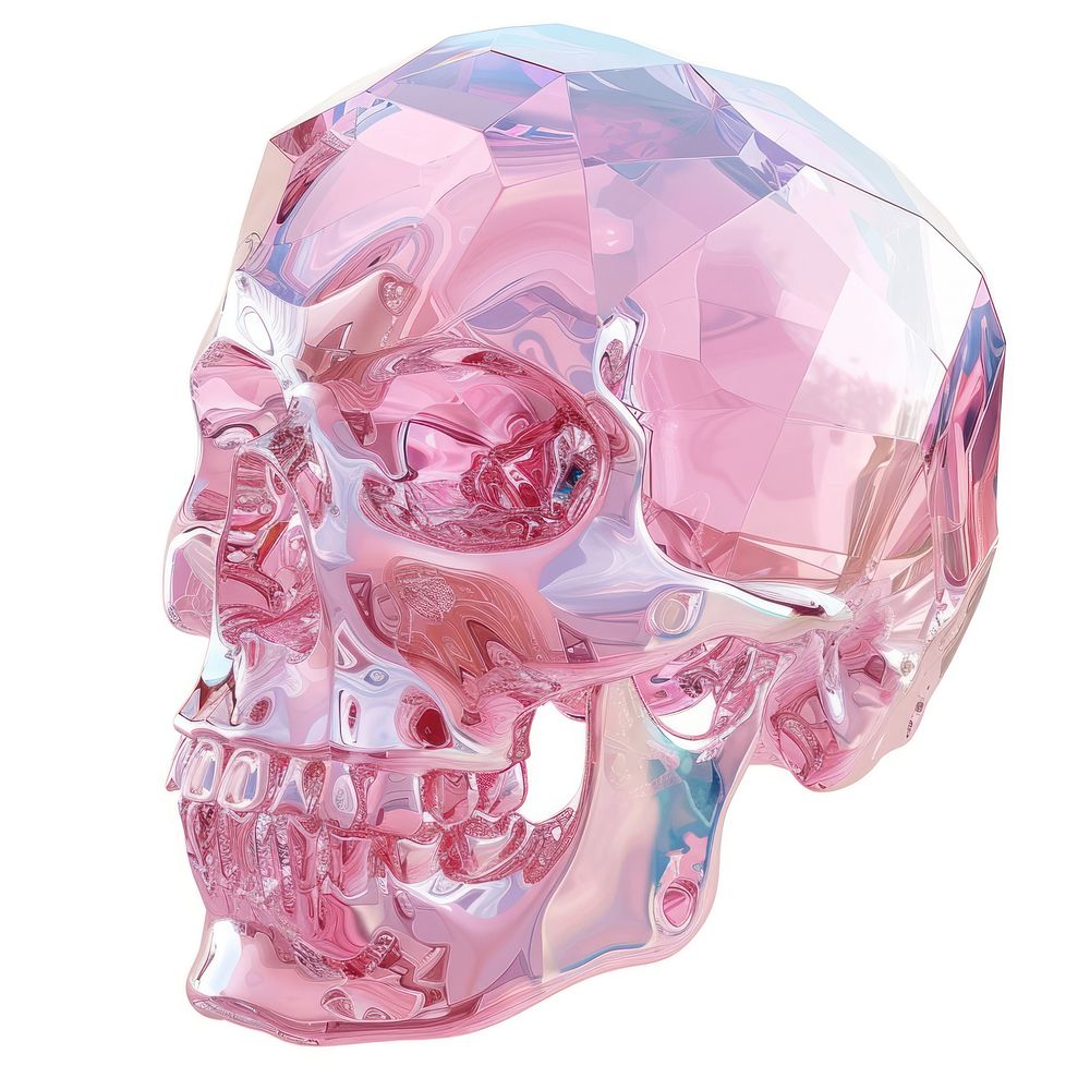 Human skull gemstone crystal white background.