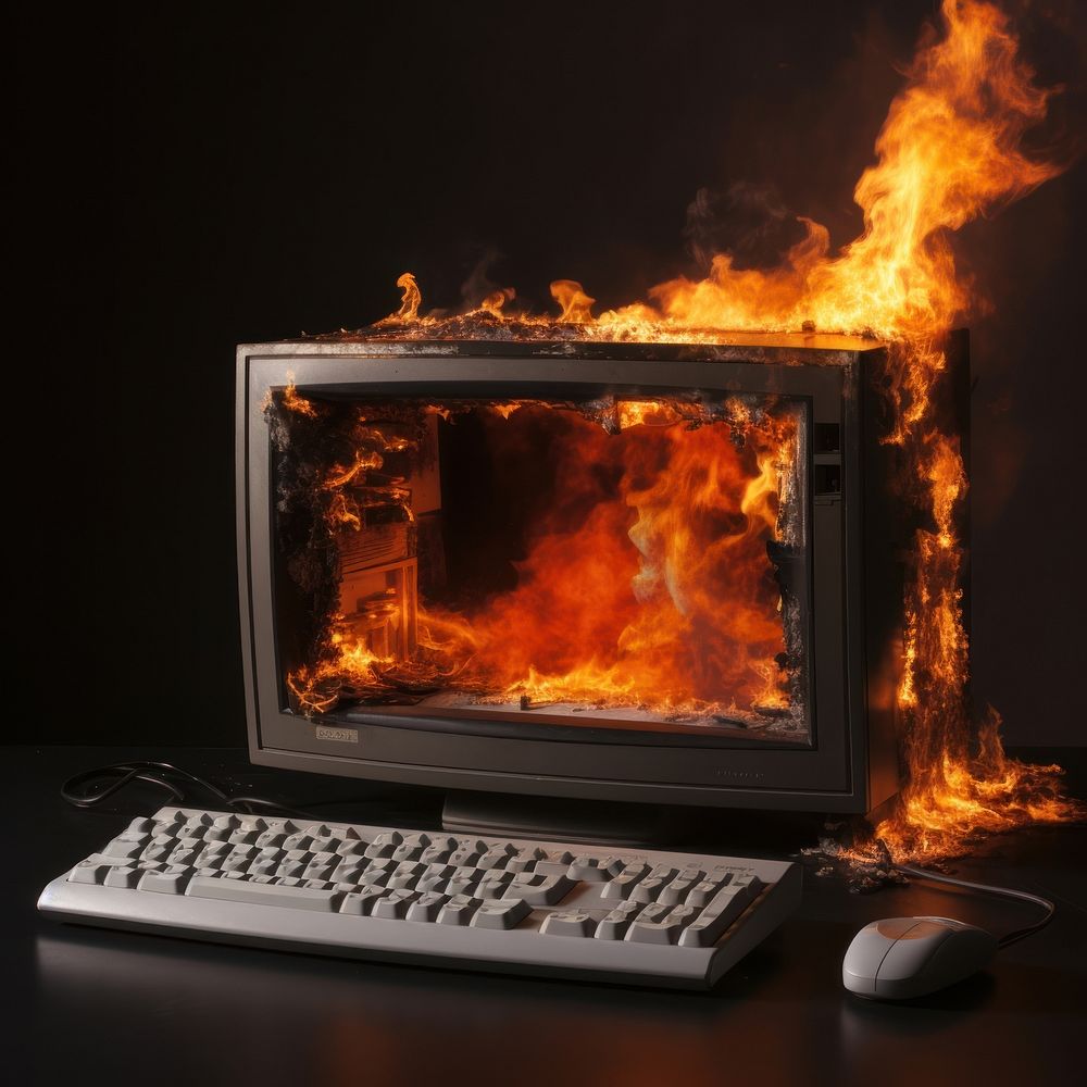 Vintage computer fire flame fireplace laptop destruction.