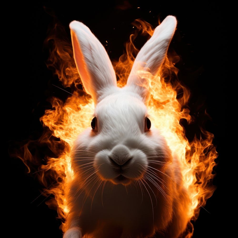 White rabbit head fire flame animal mammal black background.