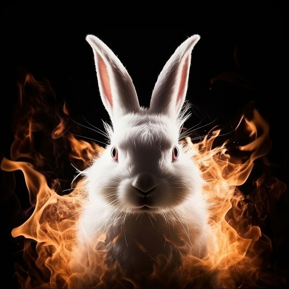 White rabbit head fire flame animal mammal rodent.