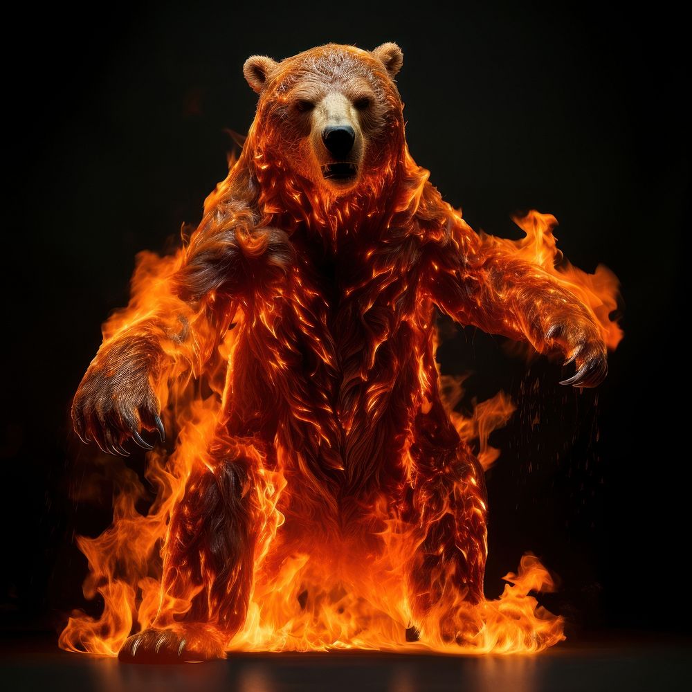 Bear full body fire flame bonfire mammal black background.