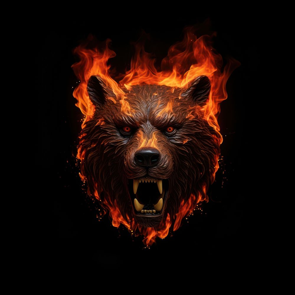Bear head fire flame black background aggression creativity.