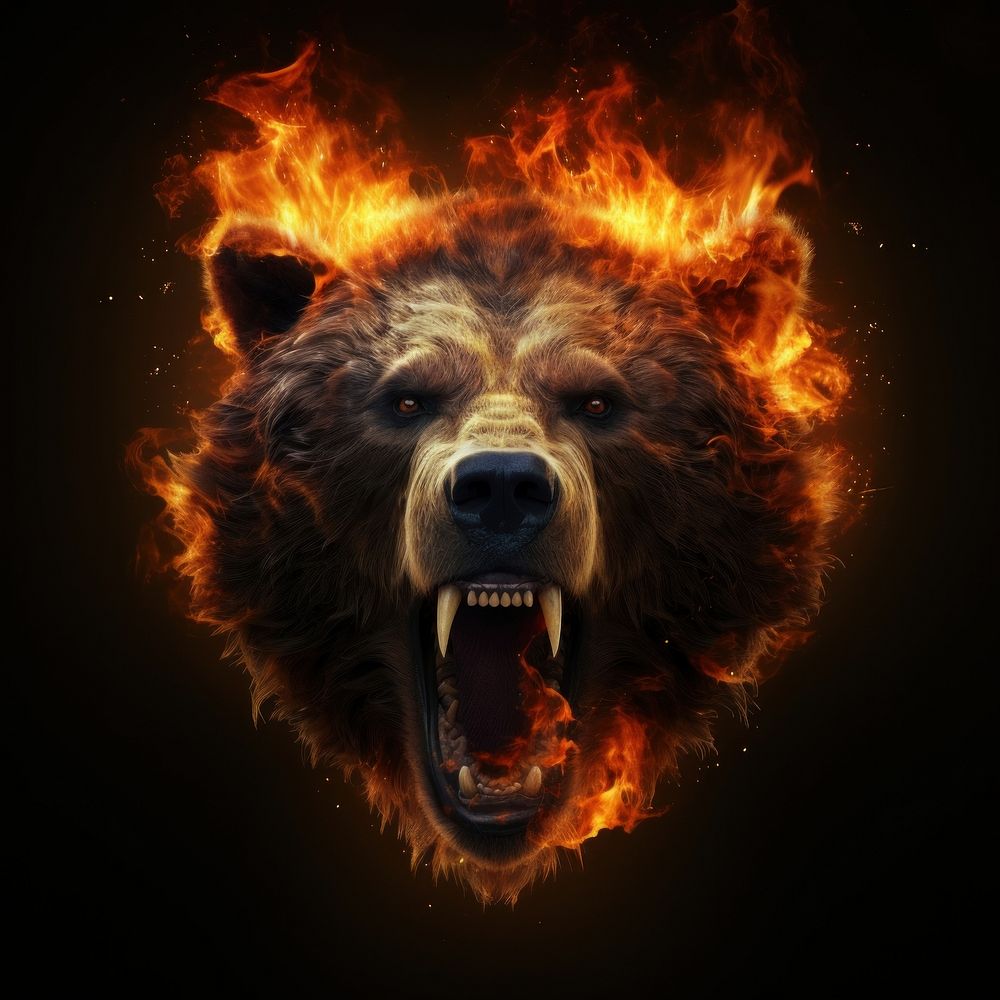 Bear head fire flame mammal illuminated aggression.