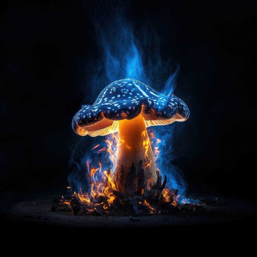Blue mushroom fire flame bonfire fungus black background.