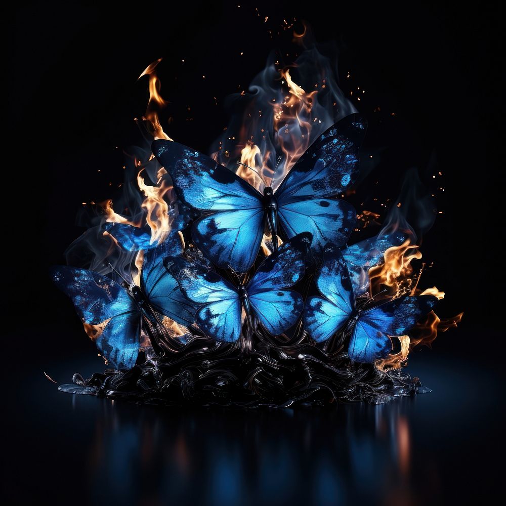 Blue butterflies fire flame black background illuminated accessories.