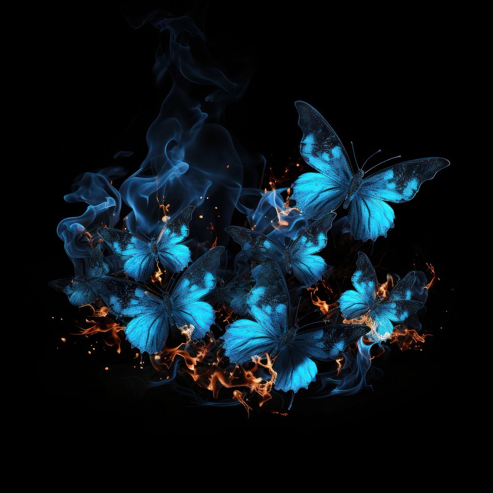 Blue butterflies fire flame black background accessories chandelier.