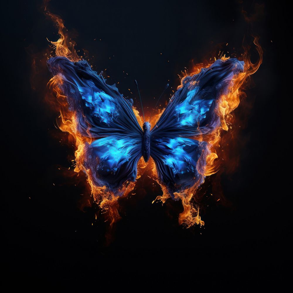 Blue butterflies fire flame black background accessories fragility.