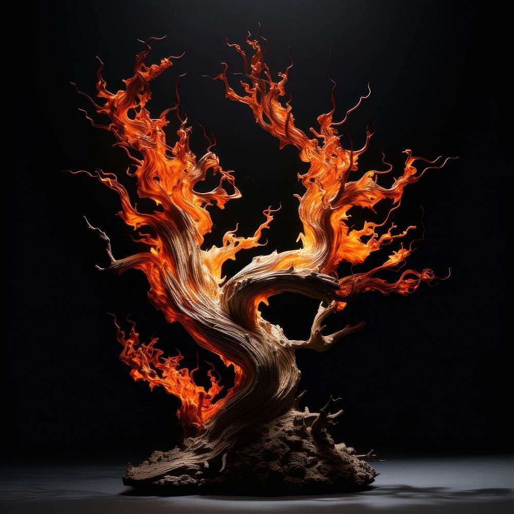 Dried tree fire flame black background darkness glowing.