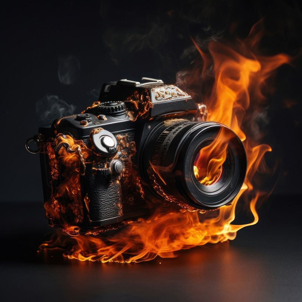 Film camera fire flame black photo black background.