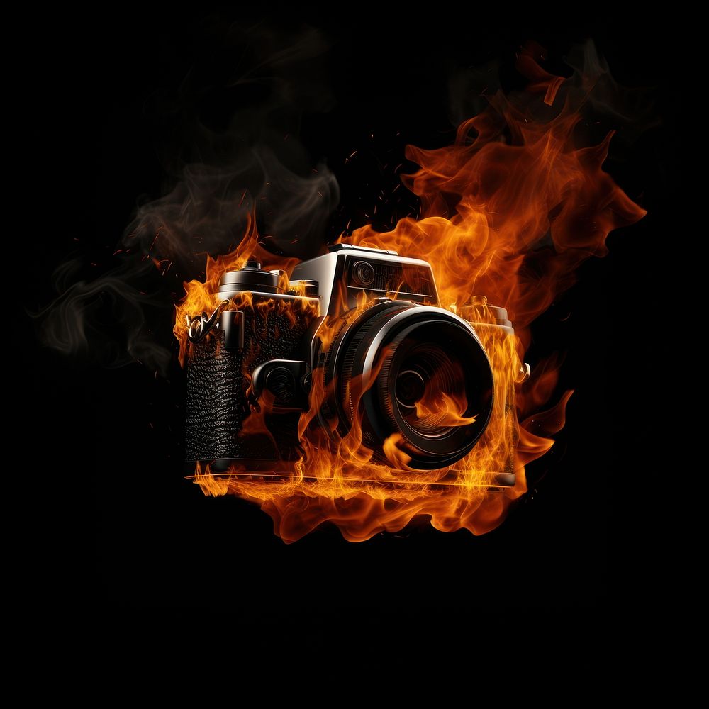 Film camera fire flame black black background photographing.
