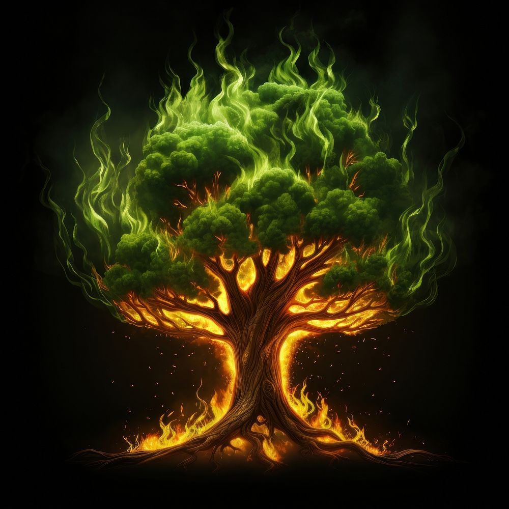 Green tree fire flame black background illuminated darkness.