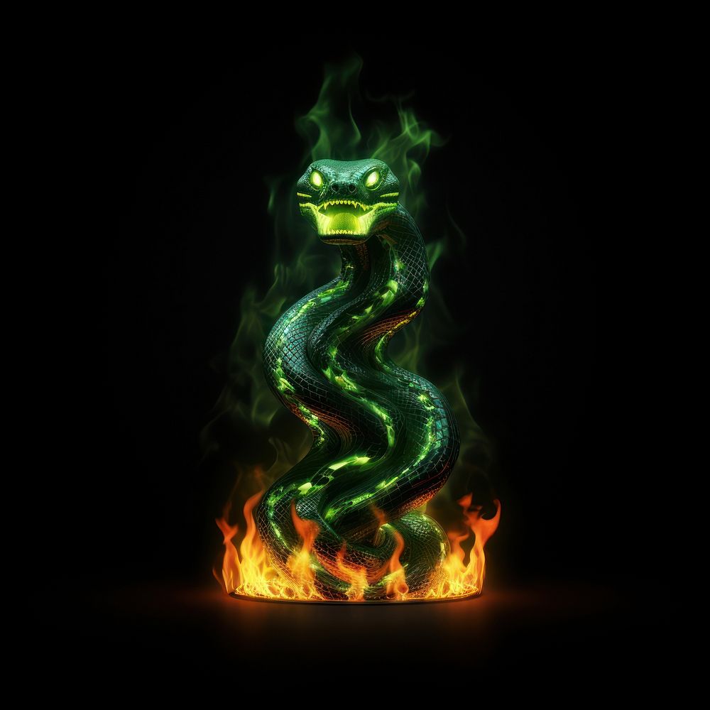 Green anaconda fire flame reptile snake black background.