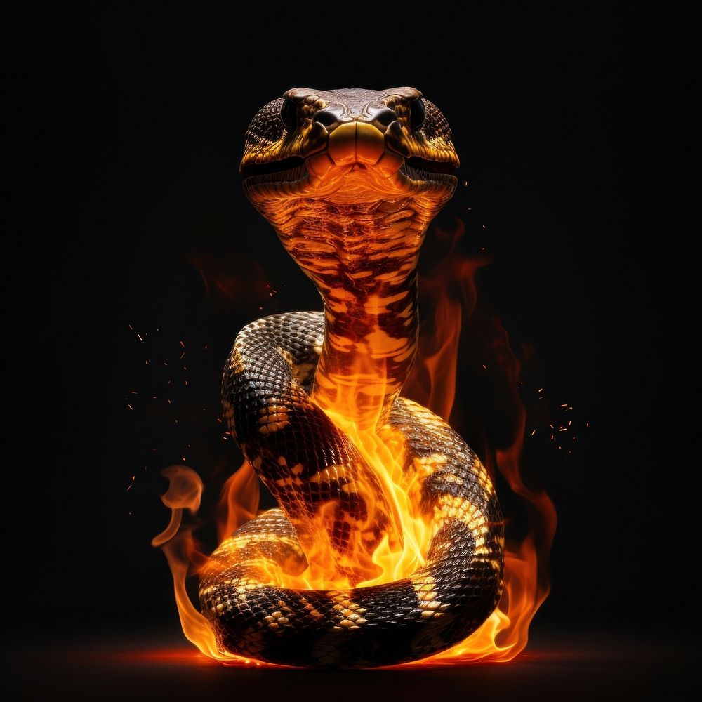 King cobra sanke fire flame reptile black snake.