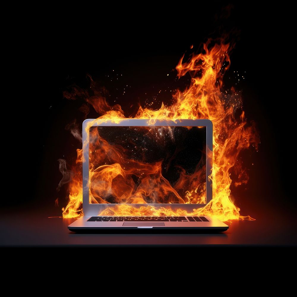 Modern computer fire flame fireplace bonfire laptop.