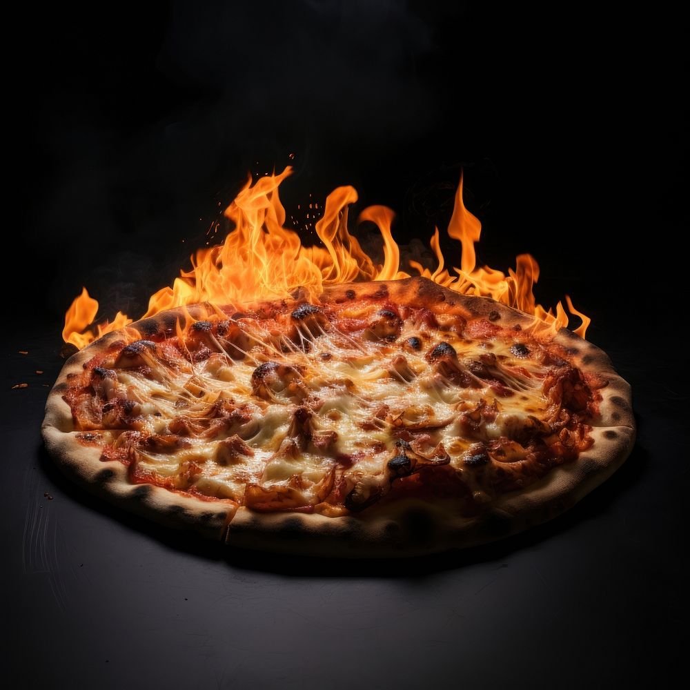 Pizza fire flame food black background pepperoni.