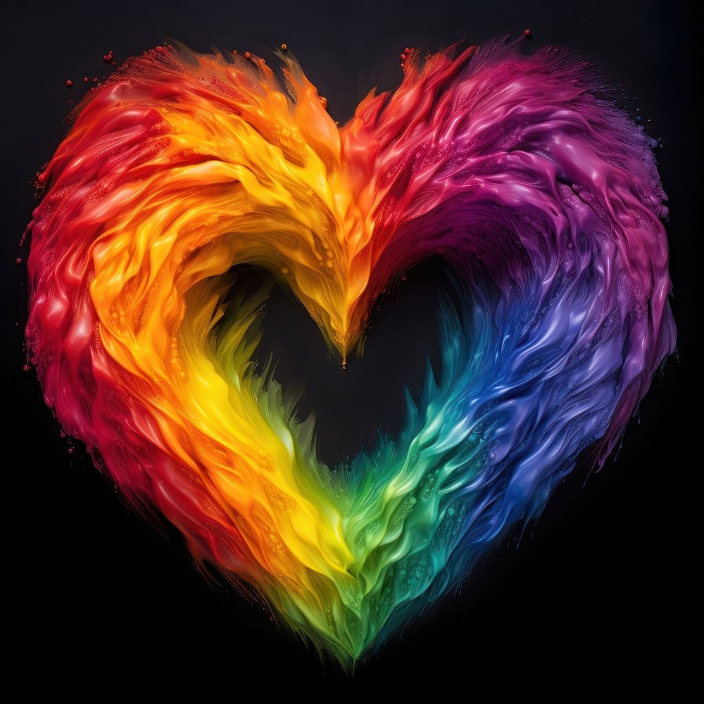 Rainbow heart fire flame pattern black background creativity.