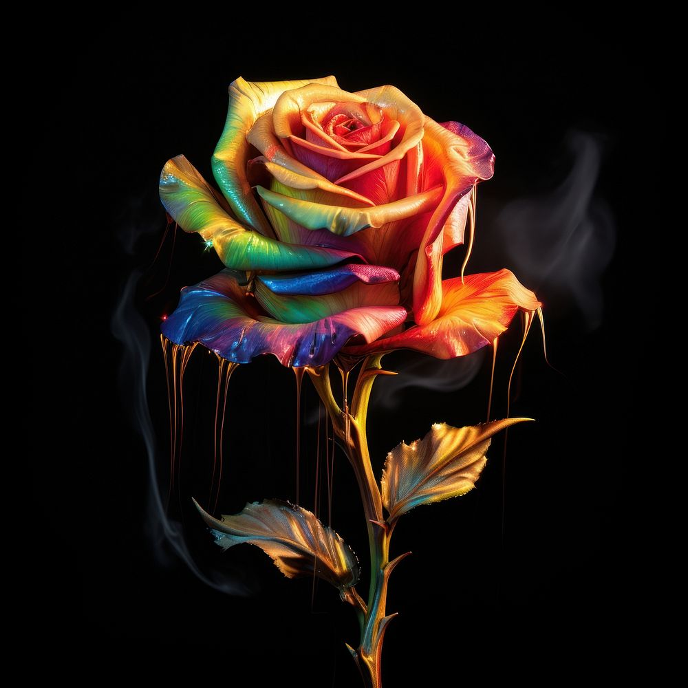 Rainbow rose fire flame flower plant black background.