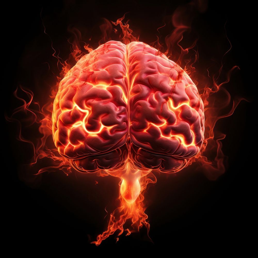 Red brain fire flame black background explosion exploding.