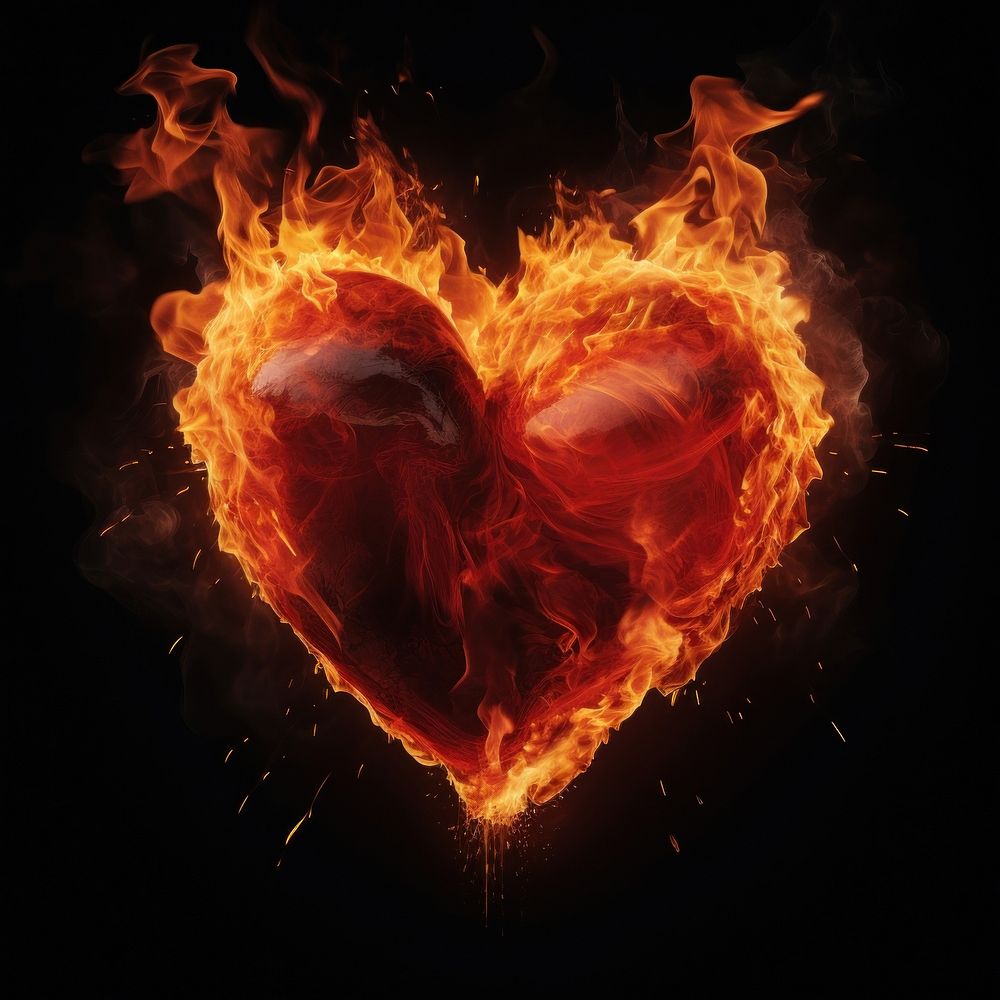 Red heart fire flame black background illuminated creativity.