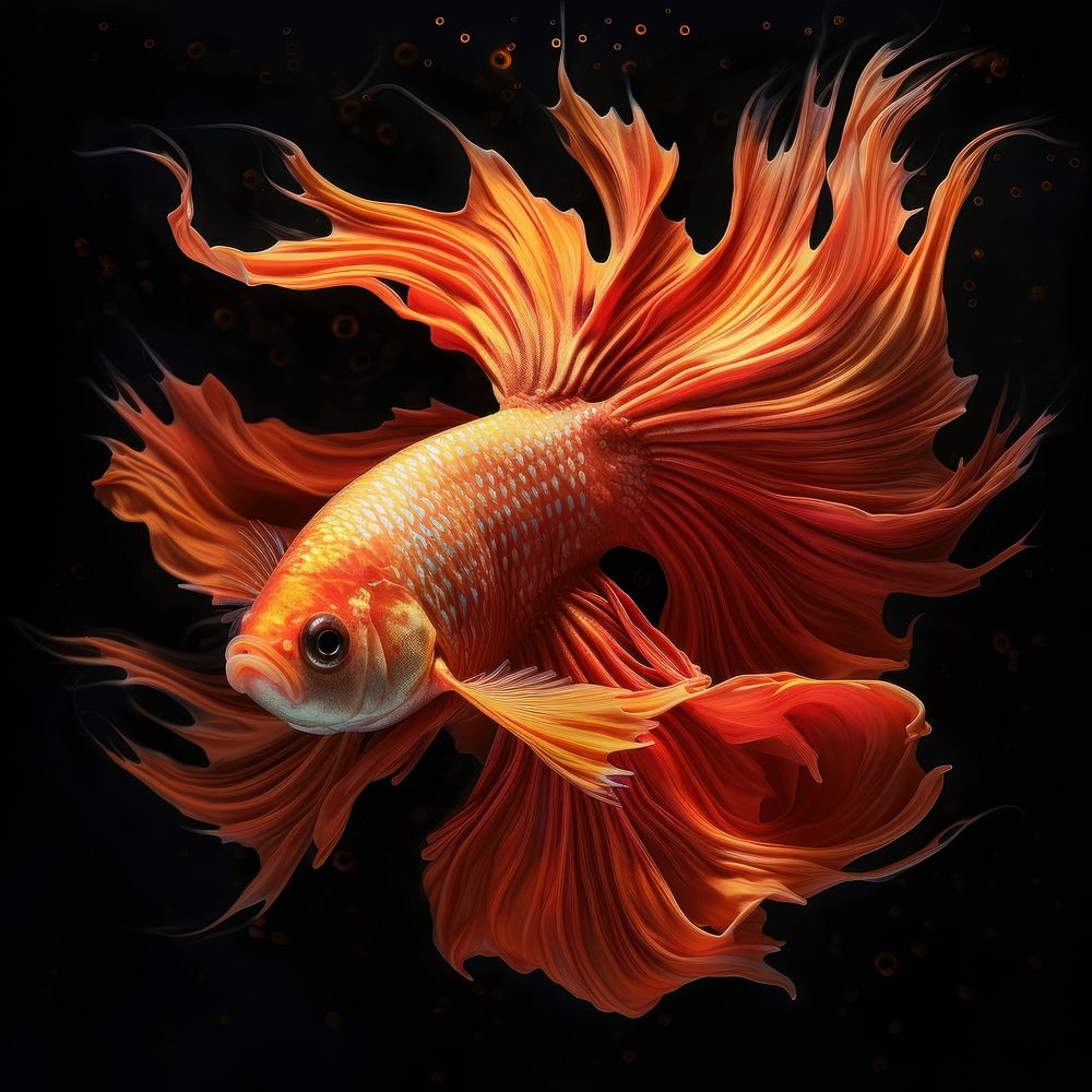 Red orange gold fish fire flame goldfish animal black background.