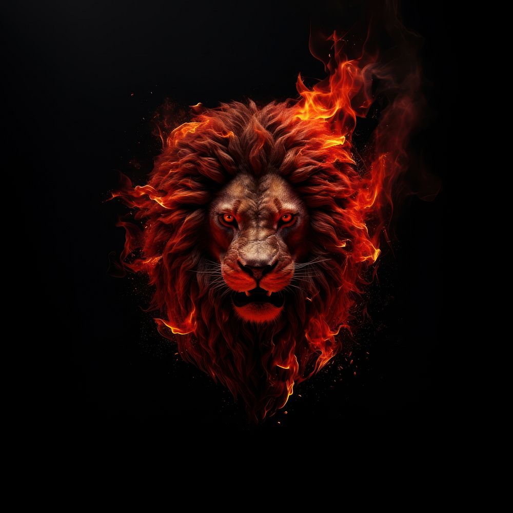 Red lion head fire flame portrait mammal animal.