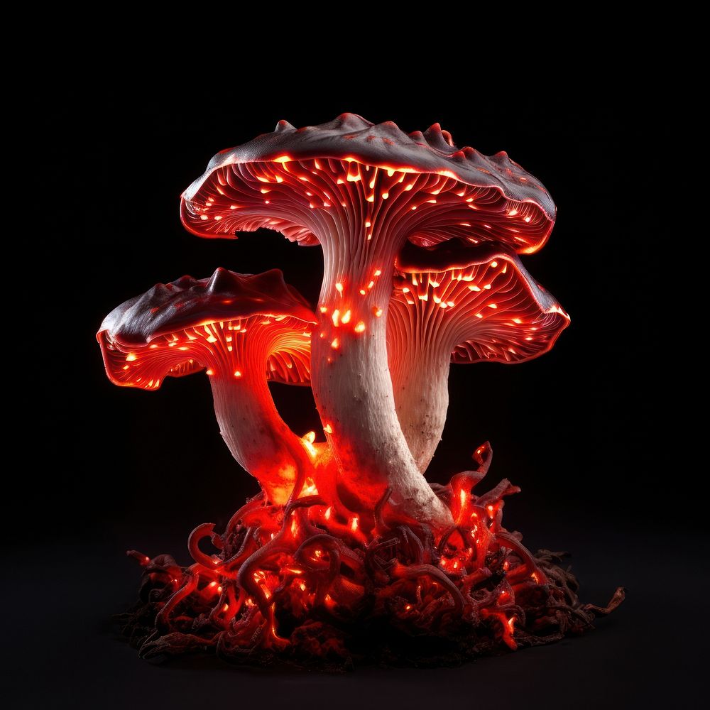 Red mushroom fire flame black background illuminated chandelier.