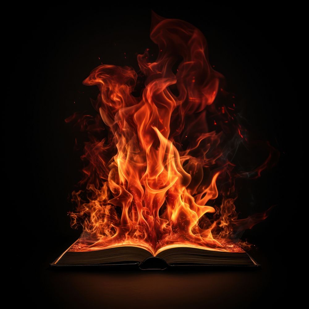 Red vintage book fire flame bonfire black background publication.