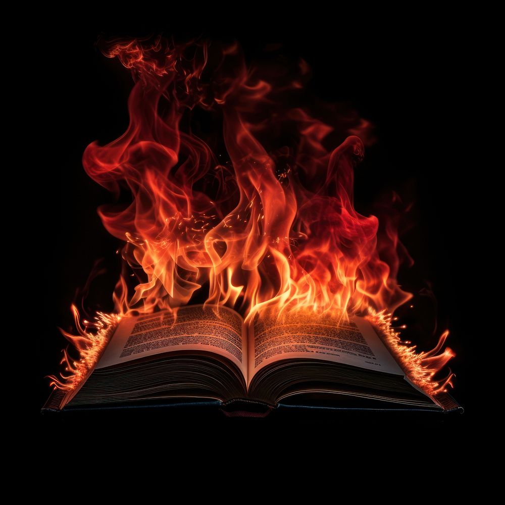 Red vintage book fire flame publication black background literature.