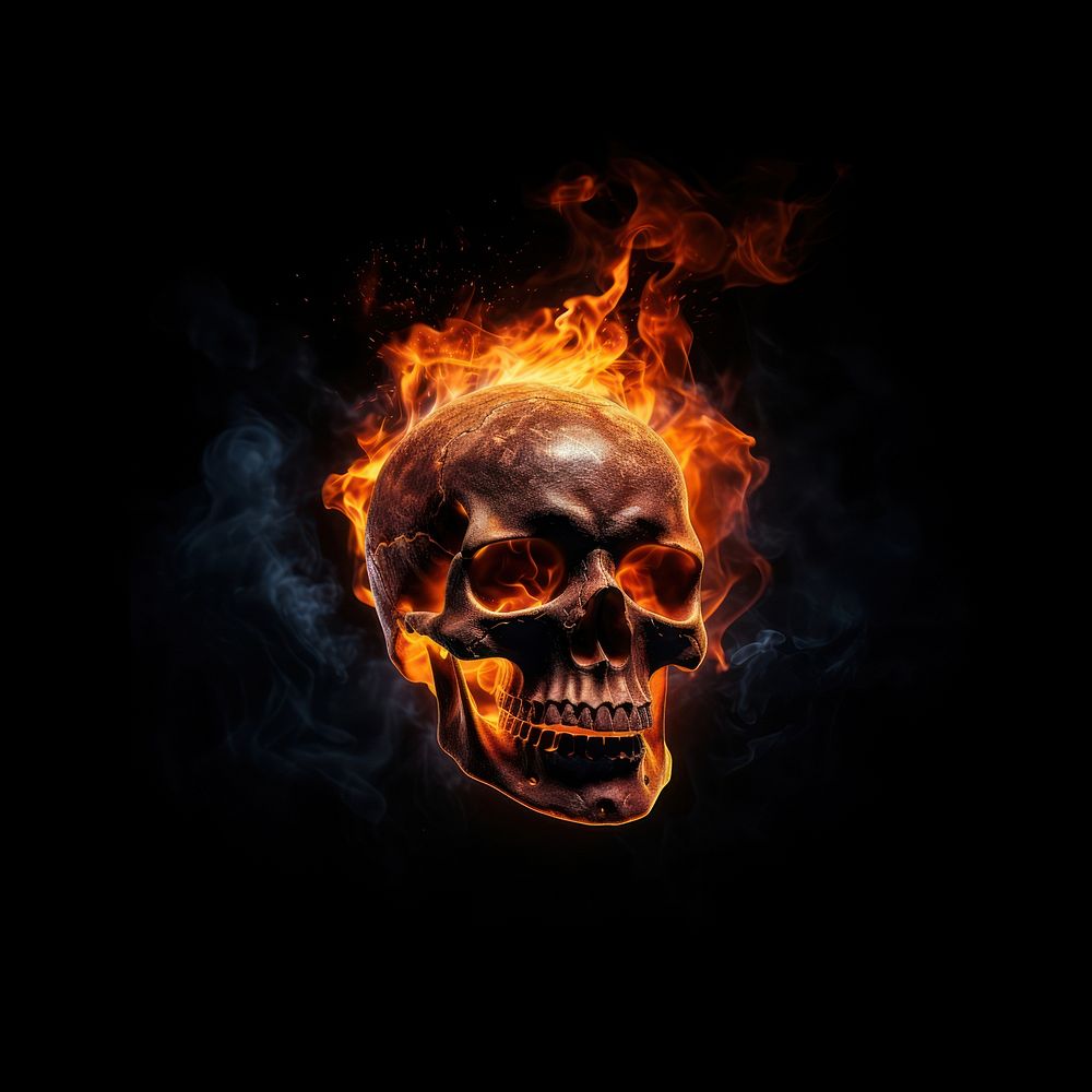 Skull side view fire flame portrait photo black background.