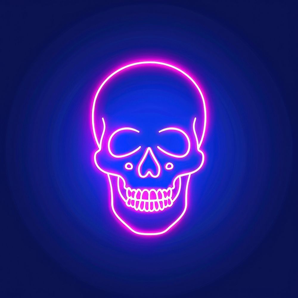 A human skull icon neon purple light.