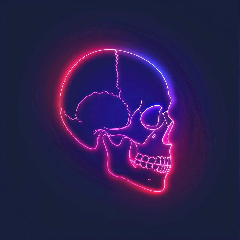 A human skull icon neon purple night.