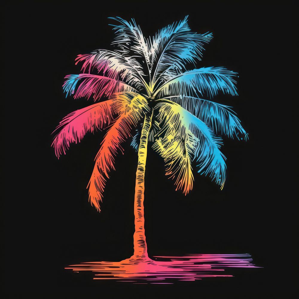 Silkscreen of colorful palm tree nature outdoors silhouette.