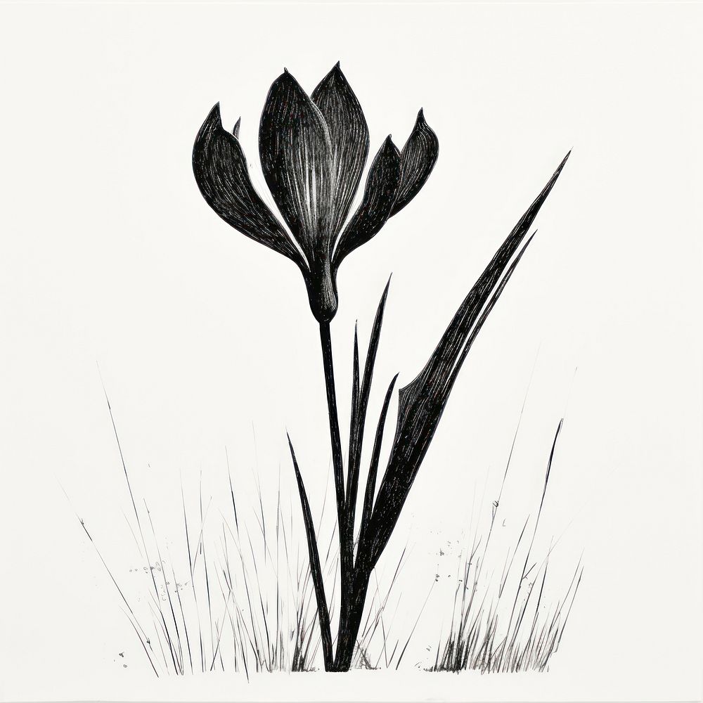 Silkscreen of crocus flower drawing nature sketch.
