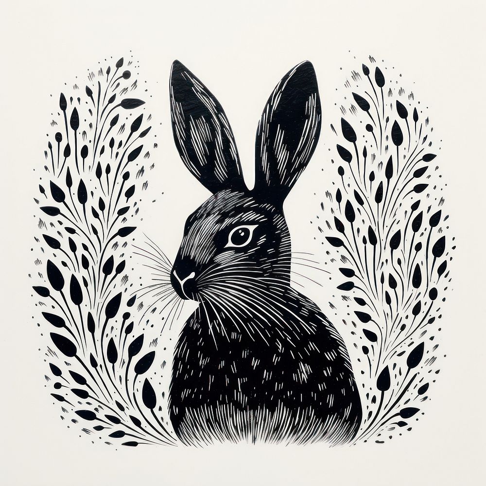 Silkscreen of rabbit drawing animal mammal.
